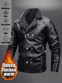 男士户外保暖内衬厚夹克，防风风衣，保暖休闲外套，适合派对、露营、骑行、旅行，翻领酷炫摩托车皮夹克 - 黑色 - 查看 1