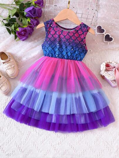 Young Girl Mermaid Sleeveless Vest Net Yarn Spliced Dress, Summer Gradient Color Princess Cake Dress