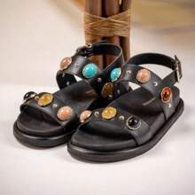 Women's Papete Sandal Genuine Leather With Gemstone And Spikes Details New Summer - màu đen - Xem 8