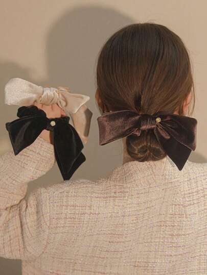 3pcs/5pcs Set Women Elegant Flocked Bowknot Scrunchies Versatile Solid Color Hair Accessories, Polyester Fiber, Suitable For All SeasonsHair Tiesscrunchy Hair Ties, Casual ,Head Piece