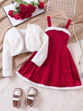 Young Girls Christmas Element Fluffy Cardigan Long Sleeve Jacket And Spaghetti Strap Plush Dress Fashionable Outfits, Autumn/Winter