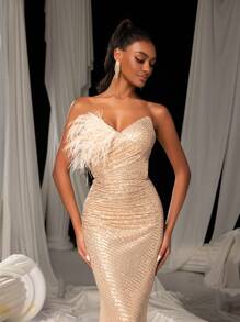 Elisanya Elegante vestido de festa formal com lantejoulas e bainha de sereia, vestido de baile de noite, para convidados de casamento, formatura, jantar - Champagne - Ver 8