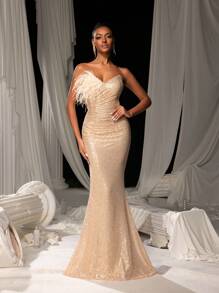 Elisanya Elegante vestido de festa formal com lantejoulas e bainha de sereia, vestido de baile de noite, para convidados de casamento, formatura, jantar - Champagne - Ver 4