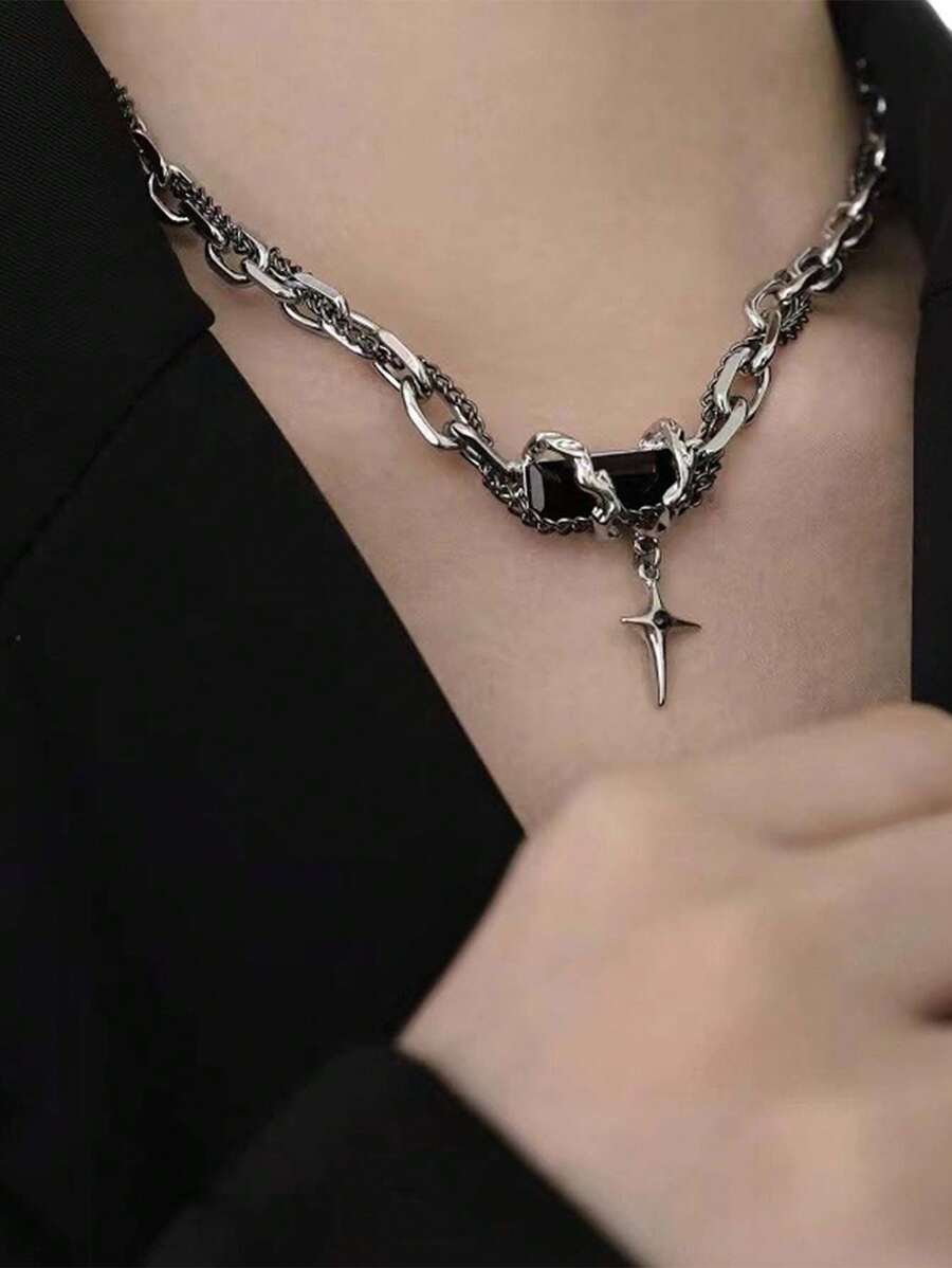 1 件酷炫黑色链条，包裹黑色方晶锆石，个性化百搭项链，女士时尚奢华小众嬉皮士项链 - 銀色 - 查看 1