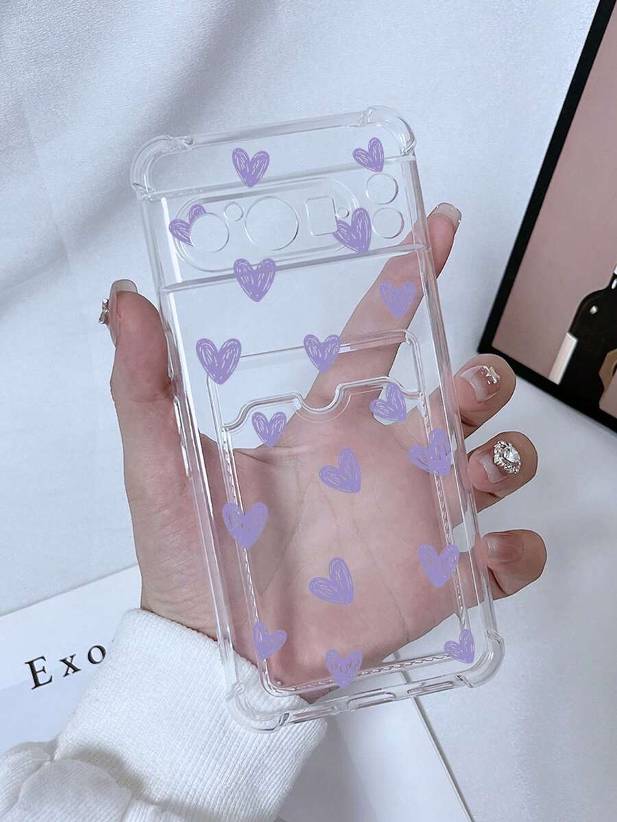 Y2K 1 件透明角保护卡槽手机壳，带彩色心形图案，兼容 Iphone 15/15Pro/15Plus/15ProMax/16/16Pro/16Plus/16ProMax、Galaxy S23 Ultra/A14/A24、Redmi Note 12 Pro、Pixel 8/8 Pro - 彩色 - 查看 1