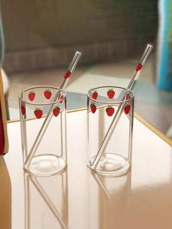 1Pc 280ml Cute Strawberry Glass Cup, Aesthetic Drinking Glass With Straw, Reusable Iced Coffee Tumbler, Cute Drinkware For Parties, A Unique Glass Cup And A Holiday Essential, Perfect For Halloween Gatherings And As A Christmas Gift, Cup With Straw, Christmas Gifts.