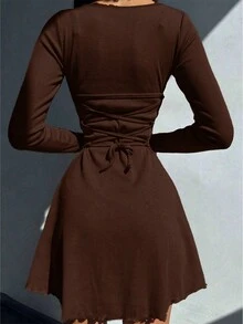 女士纯色圆领荷叶边修身迷你连衣裙，女士秋季连衣裙，返校季穿搭，Y2K 2000年代风格，休闲外出连衣裙，万圣节服装，优雅春季 - 棕色 - 查看 3