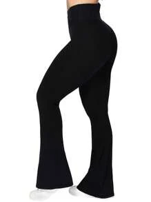 3 piezas Mallas acampanadas para mujer con control de abdomen, cintura cruzada y pierna ancha - Paquete de 4 (negro) - Ver 2