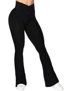 3 piezas Mallas acampanadas para mujer con control de abdomen, cintura cruzada y pierna ancha - Paquete de 4 (negro) - Ver 3