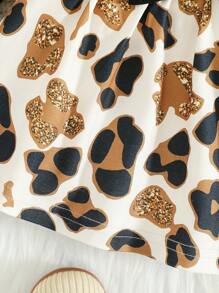 1 套女婴时尚豹纹荷叶边领连衣裙（带头带），秋季 - 黑色 - 查看 8