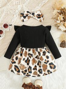 1 套女婴时尚豹纹荷叶边领连衣裙（带头带），秋季 - 黑色 - 查看 2
