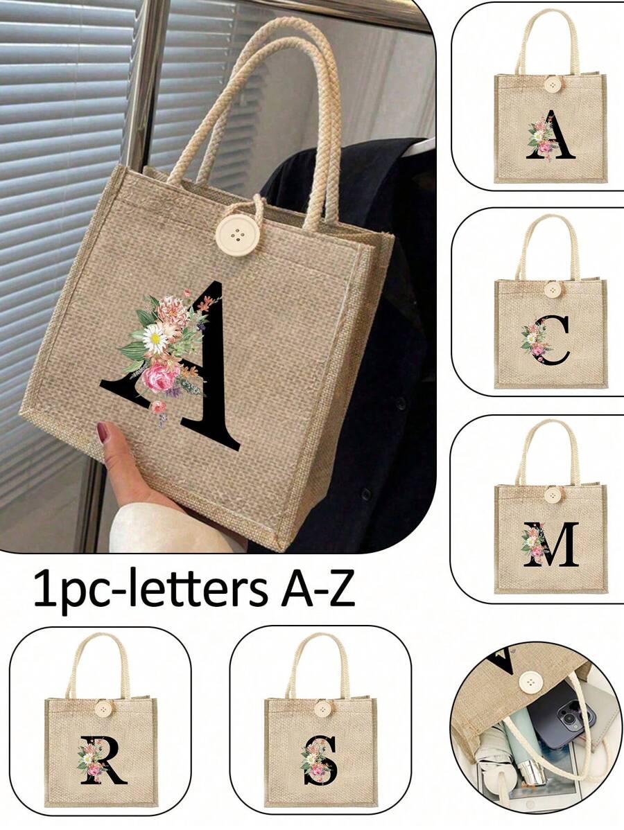 Letter Print Tote Bag, Floral Print Linen Tote Bag, Button Decor Tote Bag, Minimalist Large Capacity Tote Bag, Portable Casual Storage Tote Bag, Multi-Function Shopping Bag, New Design, Large Capacity - Khaki - View 1
