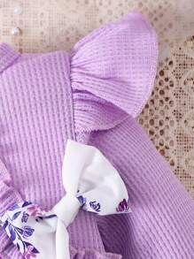 1pc Baby Girls' Cute & Comfortable Long Sleeve Patchwork Jumpsuit, Autumn/Winter - Purple - View 3