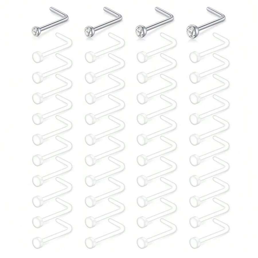 44PCS 20G Clear Nose Studs For Work Plastic Nose Nail For Silver