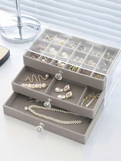 1 件三层亚克力法兰绒珠宝盒，抽屉式珠宝收纳盒，项链耳环戒指珠宝收纳盒，适合女性和女孩的礼物