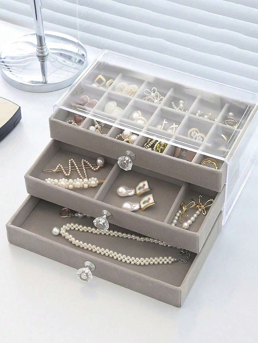 1pc Three-Layer Acrylic Flannel Jewelry Box, Drawer Type Jewelry Organizer, Necklace Earrings Ring Jewelry Storage Box, Gift For Women And Girls - Jewelry Box - View 1