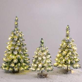 Table Top Artificial Christmas Tree With Light, 2.5 Ft Small Mini Green Xmas Tree With Flocking Snow Frost And Wooden Stand For Porch Coffee Table Centerpiece Arrangements Home Office Holiday Decor,Living Room Decor,Wedding Decorations Home Decor Christmas Decorations Winter Christmas Decorations Home Christmas Gifts Christmas Decor