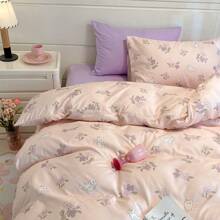 4 件套花卉/小猫可爱印花柔软舒适床上用品套装，包括 1 个羽绒被套、1 个床笠、2 个枕套 - 彩色 - 查看 11