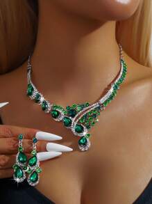 Bộ trang sức hoa tai vòng cổ pha lê và đá Rhinestone nhiều màu cho cô dâu 3 món, Phụ kiện trang sức thời trang cho phụ nữ cho tiệc tùng, sự kiện - Nhiều màu - Xem 11