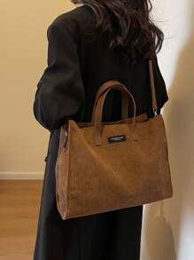 棕色秋冬时尚灯芯绒简约百搭手提包，2024新款大容量罗纹布手提包，韩版休闲通勤办公笔记本电脑包，学生学校单肩包，日常旅行斜挎包