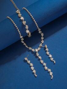 Korean Style Tassel Fashion Model Accessory Shiny Rhinestone Silver Necklace Bracelet Set