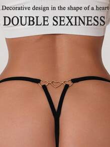 1 件女士性感内衣，性感心形链蝴蝶结装饰丁字裤，低腰 - 黑色 - 查看 3