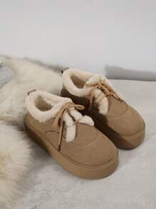 Giày bốt đi tuyết lót nhiệt ấm áp thời trang cho nữ cỡ lớn 35-43, giày bốt ngắn cổ ngắn chống trượt mũi tròn, giày bốt mùa đông đế xuồng buộc dây thời trang - Màu Khaki - Xem 4