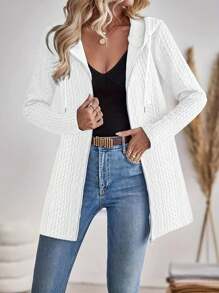 Women Fashion Elegant Texture Melange Zip-Up Hoodie Cardigan, Autumn/Winter White Spring - White - View 3