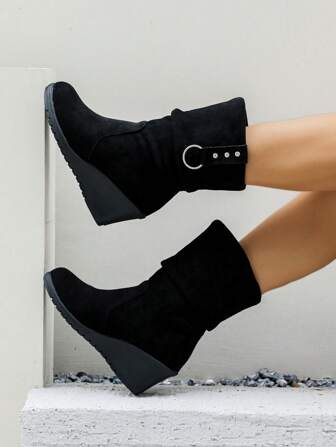 Women Comfort Slip-On Short Boots With Ruched Suede Upper, Round Toe Mid-Calf Boots With Metal Buckle, Wedge Heel