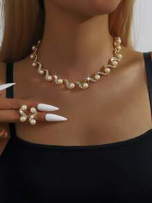 S-Shaped Faux Pearl Earrings Necklace Set