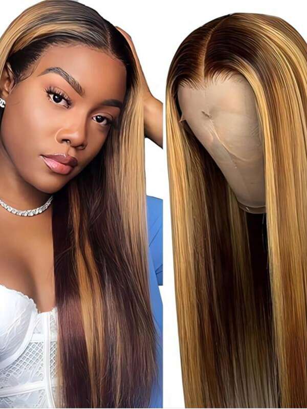 Eulisi Perucă frontală cu dantelă Ombre Ombre, 5x5 drept 4/27 blond miere Perucă frontală cu dantelă păr uman presmuls 180% densitate colorată Peruci cu dantelă colorată pentru femei 22 inch
