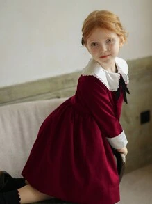 New Autumn/Winter Girls' Colorblock Floral Trim Retro Palace Style Dress, Unique Elegant Bow Princess Dress - Burgundy - View 5