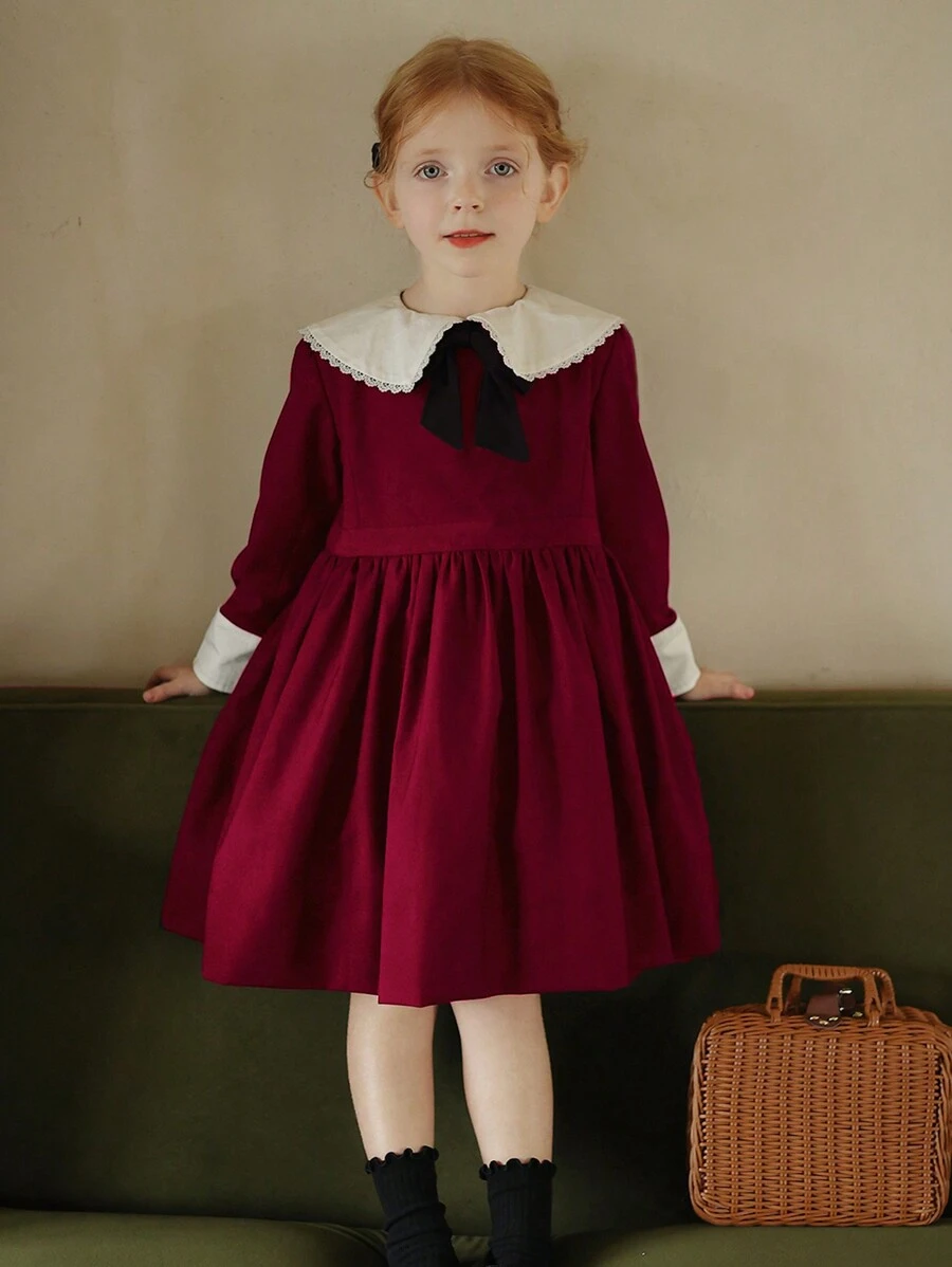 New Autumn/Winter Girls' Colorblock Floral Trim Retro Palace Style Dress, Unique Elegant Bow Princess Dress - Burgundy - View 1