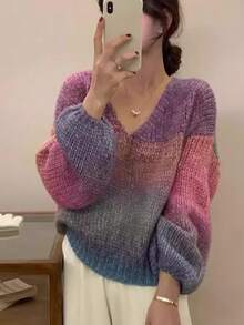 EAVA Fall/Winter Collection Korean Style Loose-Fit Casual, Effortlessly Versatile, Sweet And Colorful Soft V-Neck, Pullover Knit Sweater For Women,New Year Outfit,New Year,Christmas,Christmas Sweater,Christmas Jumper, New Year Clothes