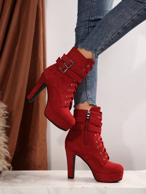 Fashion Match Dresses For Women , New Autumn/Winter Fashion Women Thick High Heeled Boots, Round Toe Side Zipper, Metal Buckle Strap, Versatile & Comfortable Ladies High Heel Boots,Boots For Women