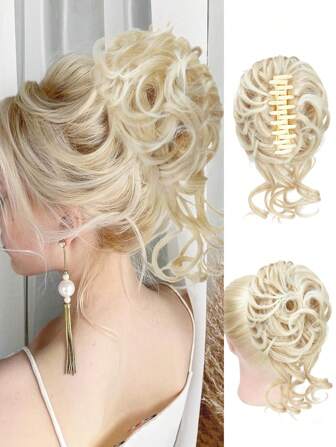 Messy Bun Hair Clip-On Extensions, Suitable For Women, Create Messy Wavy Curly Bun Hairstyle, Fluffy Updo Hair Clip-In Synthetic Hair Ponytail Extensions