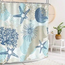 1 件贝壳、海星和珊瑚图案防水防霉浴帘，海洋主题浴室窗帘，现代简约设计，180x180cm，包括 12 个浴钩 - 藍色 - 查看 9