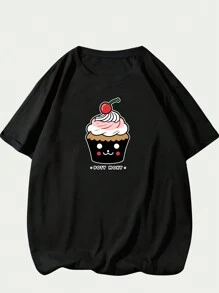 Cop Cake Printed T-Shirt Unisex Streetwear Comfortable Short Sleeve T-Shirt Top - 黑色 - 查看 1