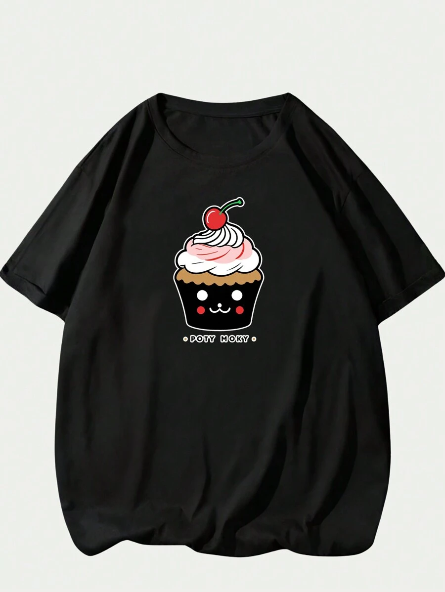 Cop Cake Printed T-Shirt Unisex Streetwear Comfortable Short Sleeve T-Shirt Top - 黑色 - 查看 1