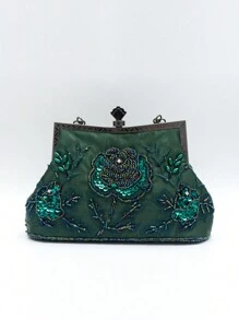 1pc Emerald Green Rose Floral Embroidery Beaded Sequin Rhinestone Vine Handle Decor 1920s Vintage Glamorous Elegant Evening Clutch Bag, Suitable For Women's New Year Green Party/Wedding/Formal Dress, Prom Ball, Mother's Day, Teacher's Day Gift