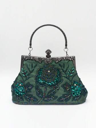 1pc Emerald Green Rose Floral Embroidery Beaded Sequin Rhinestone Vine Handle Decor 1920s Vintage Glamorous Elegant Evening Clutch Bag, Suitable For Women's New Year Green Party/Wedding/Formal Dress, Prom Ball, Mother's Day, Teacher's Day Gift