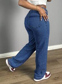 Chicsale Women's Straight Leg Denim Pants - Elegant Wide Leg Floor-Length Jeans With Button & Zipper, Relaxed Fit Casual Trousers For Everyday Outings - Rửa tối - Xem 5