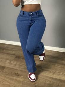 Chicsale Women's Straight Leg Denim Pants - Elegant Wide Leg Floor-Length Jeans With Button & Zipper, Relaxed Fit Casual Trousers For Everyday Outings - Rửa tối - Xem 3