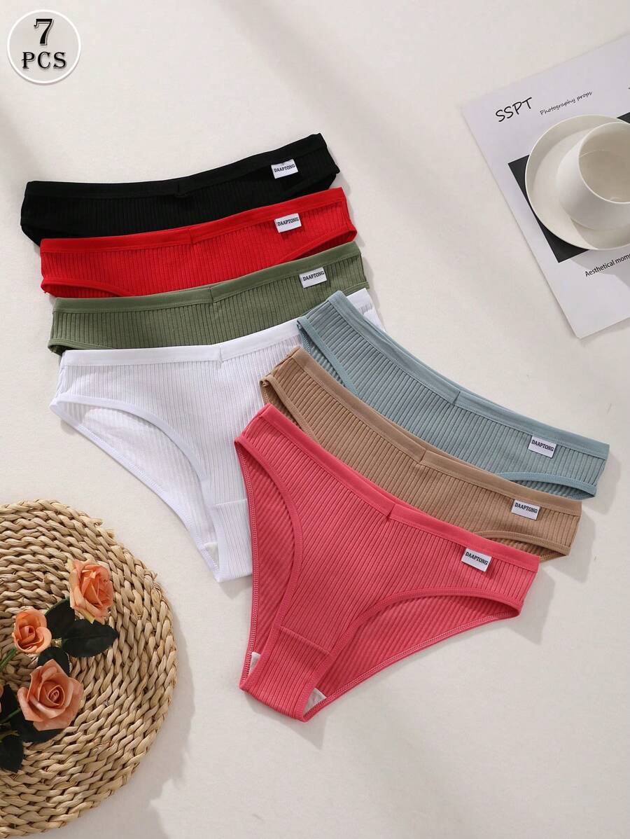 7pcs Women's 100% Cotton Seamless V-Waist Triangle Panties, Ribbed Solid Color Comfortable Breathable Underwear
