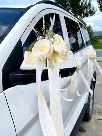 1PC Wedding Car Flowers For Wedding Party Decoration, Artificial Silk Flower DIY Wedding Car Flower Bow For Car Door Handles Rearview Mirror Wedding Scene Chair Aisle Bench Party Engagement Celebration Decoration Valentine's Day Valentines