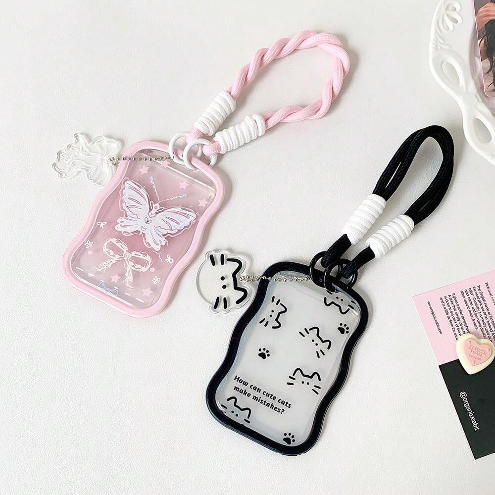 Porte-cartes Photocard K-Pop 2 Pièces – étoiles Et Clochettes Noir/blanc, Cordon Rétractable, Protection, Pour ID Et Bus