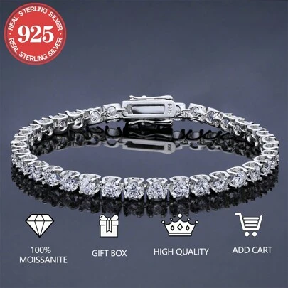 emejewe 1pc D VVS1 Moissanite Tennis Bracelet, Genuine 925 Sterling Silver Plated Platinum, With GRA Certificate, Unisex