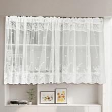 1pc Double Ruffle Curtain Rod Pocket Curtain, Country Style Embroidered Sheer Half Curtain, No Need Drilling, For Bedroom, Kitchen, Bathroom - White - View 1