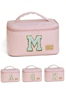 Túi đựng đồ trang điểm di động Bộ đồ vệ sinh cá nhân cho nữ bằng da PU Túi đựng đồ trang điểm sang trọng 26 chữ cái đầu Túi đựng mỹ phẩm chống thấm nước cho phòng tắm đa năng Túi đựng đồ du lịch - Hồng - Xem 1