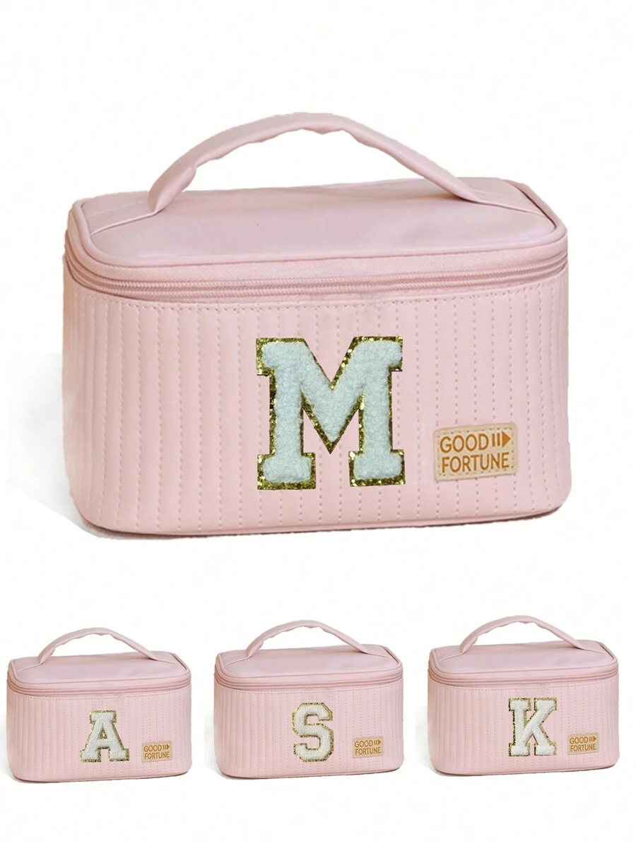 Túi đựng đồ trang điểm di động Bộ đồ vệ sinh cá nhân cho nữ bằng da PU Túi đựng đồ trang điểm sang trọng 26 chữ cái đầu Túi đựng mỹ phẩm chống thấm nước cho phòng tắm đa năng Túi đựng đồ du lịch - Hồng - Xem 1
